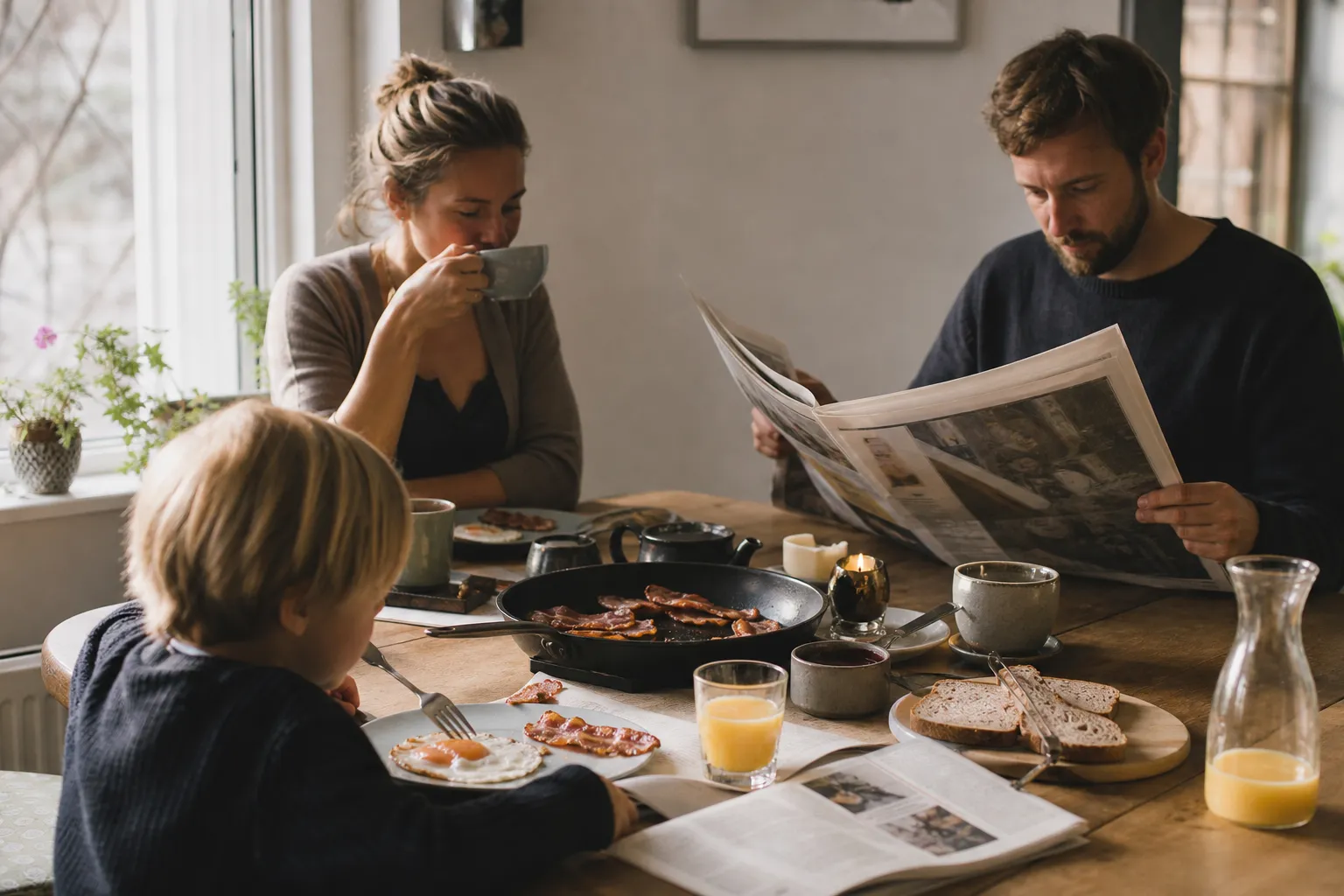 En dagstidnings helgutgåva serverad tillsammans med frukost en lördag
