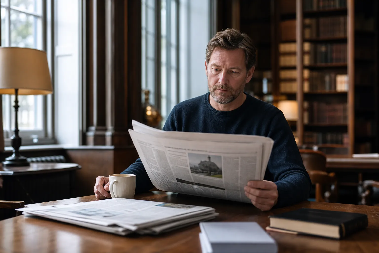 En nationell dagstidning med rikstäckande nyheter uppslagen på ett bord