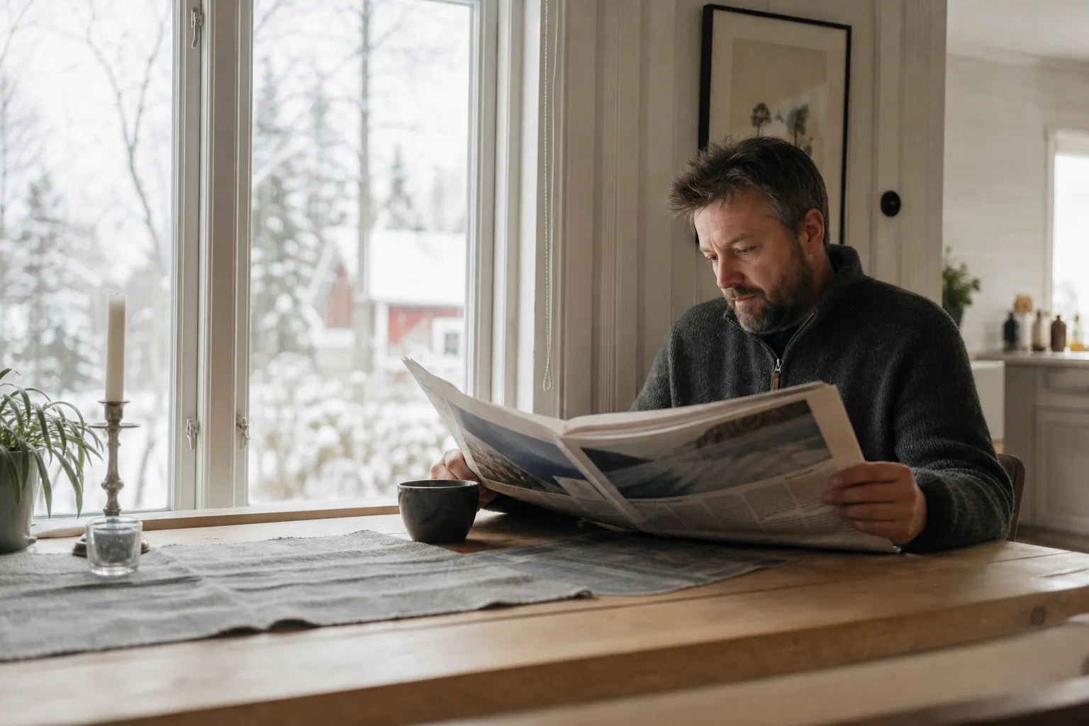 Ett exemplar av Västerbottens-Kuriren uppslaget vid en frukostplats