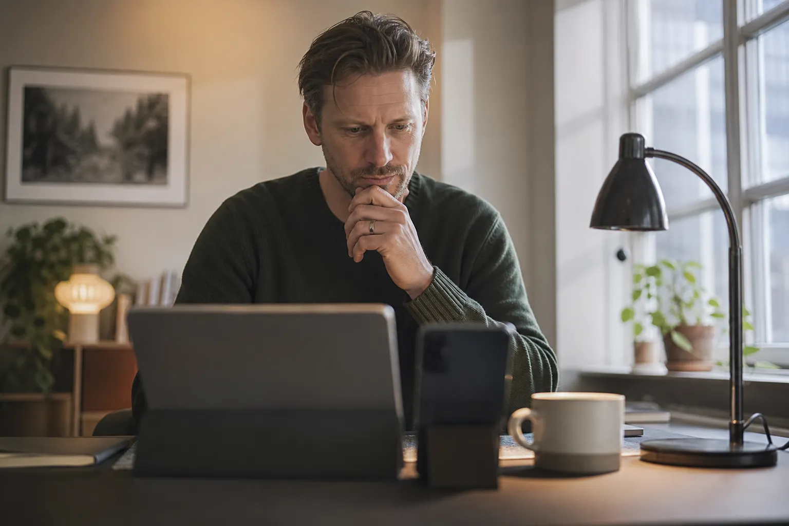 En surfplatta med en e-tidning bredvid en mobil med ett nyhetsflöde