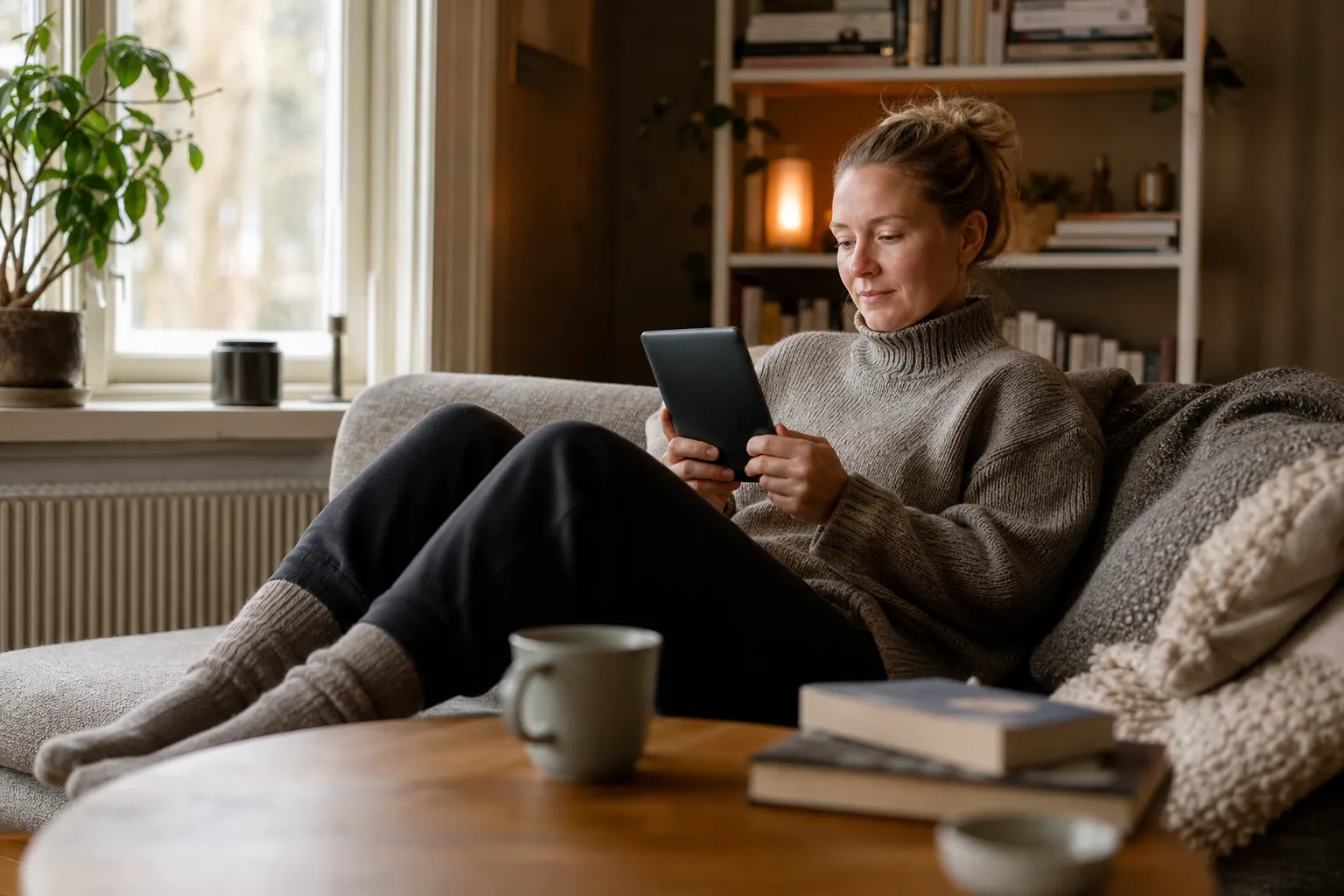 En surfplatta i händerna med en e-tidning öppen på skärmen