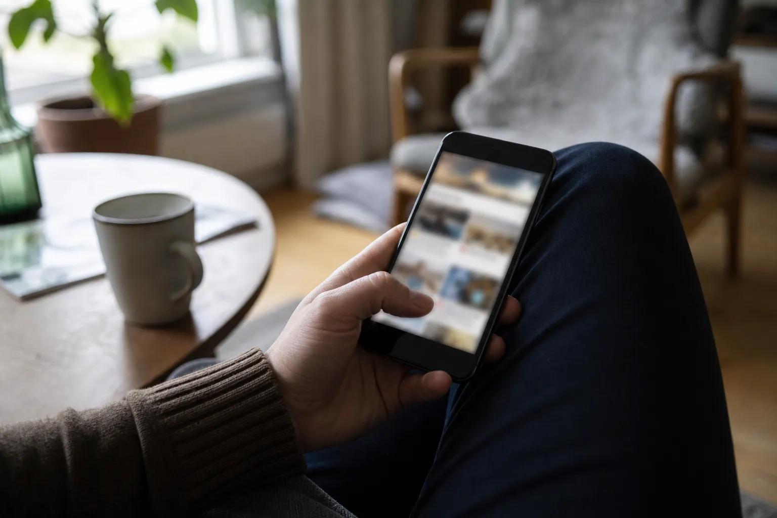 En mobiltelefon med en tidningsapp öppen i handen