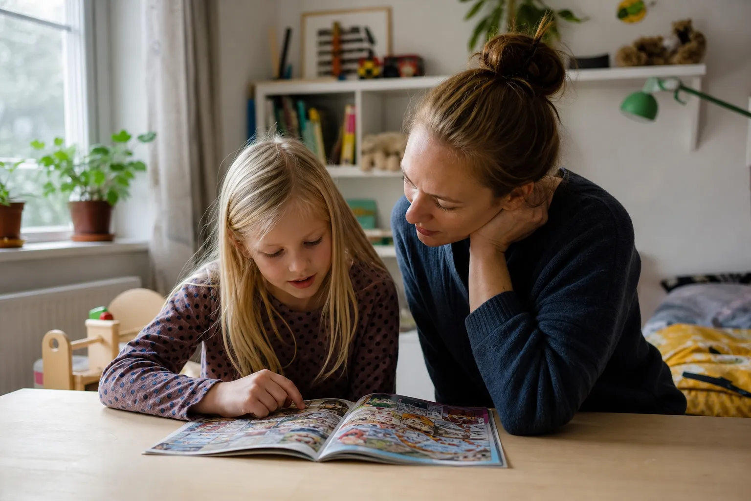 Uppslag ur en barntidning med illustrationer och enkel text