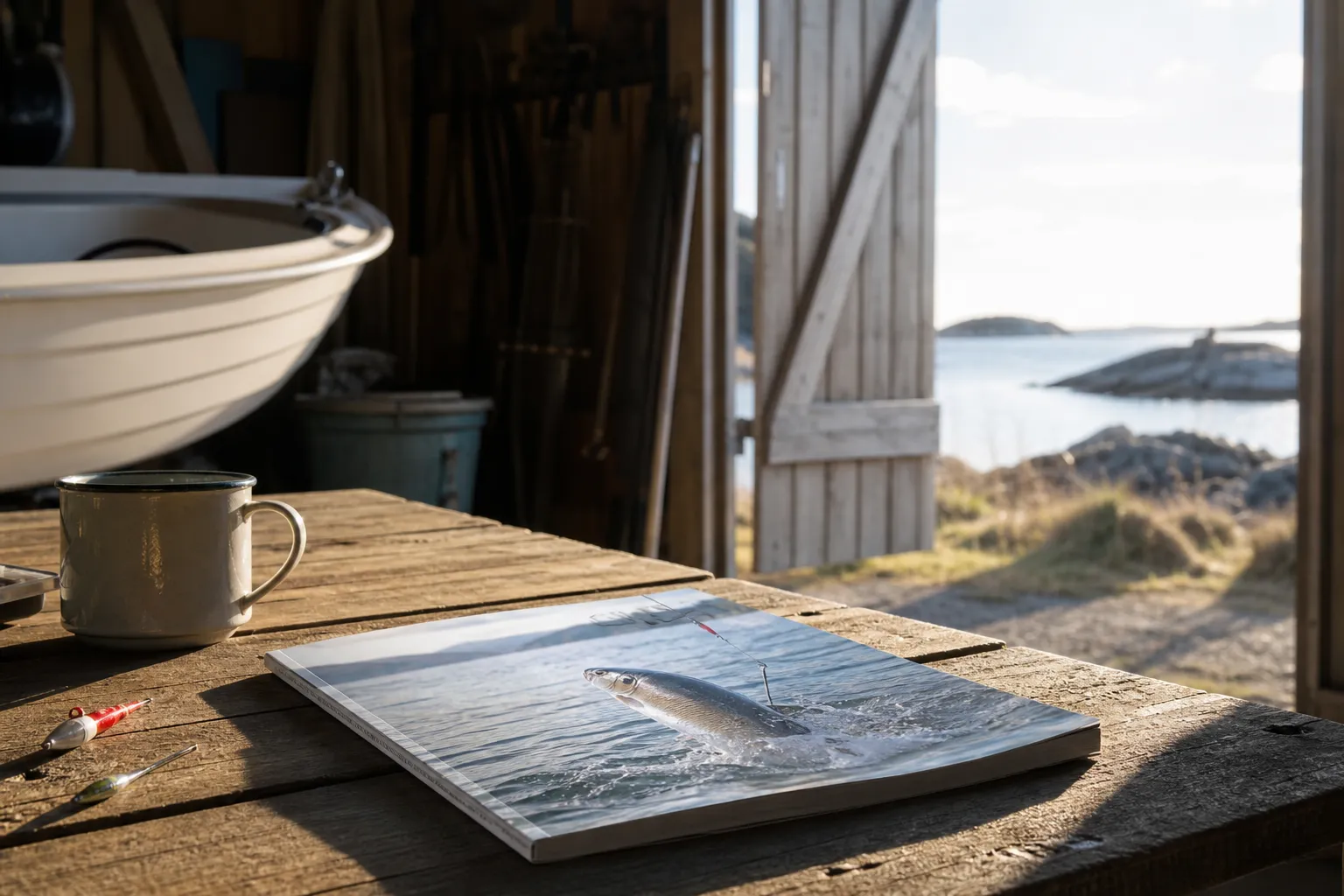 Uppslag ur en fisketidning med reportage från svenska fiskevatten