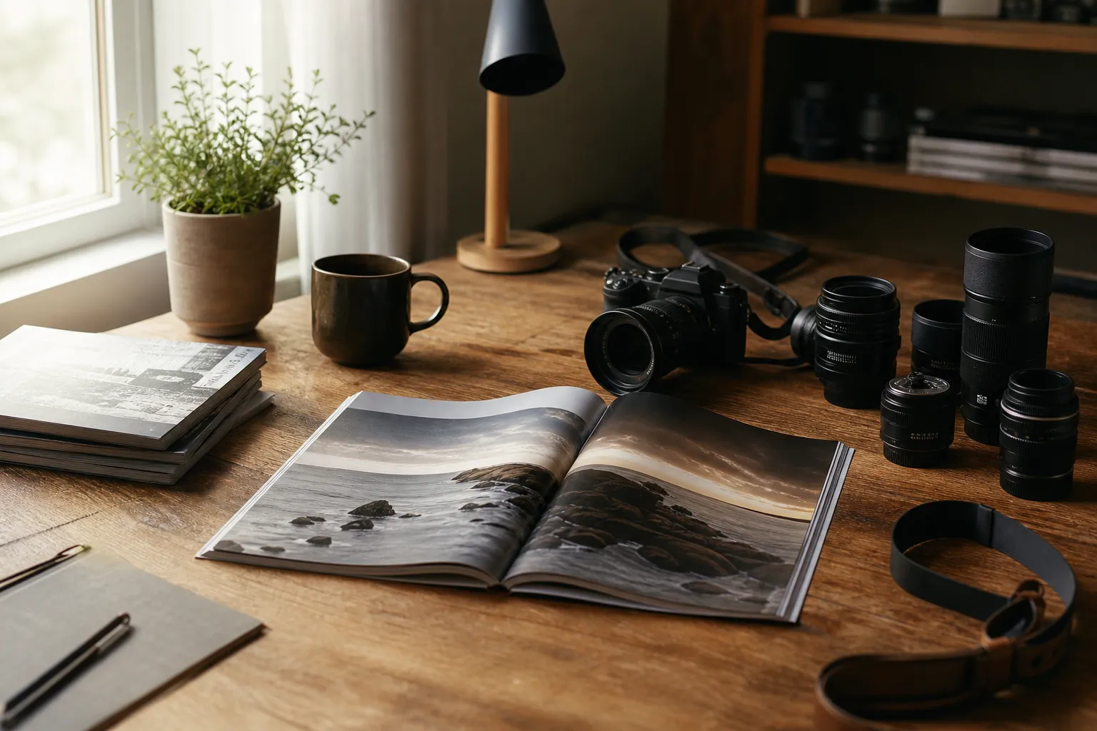 Uppslag ur en fototidning med bildreportage och fotografporträtt