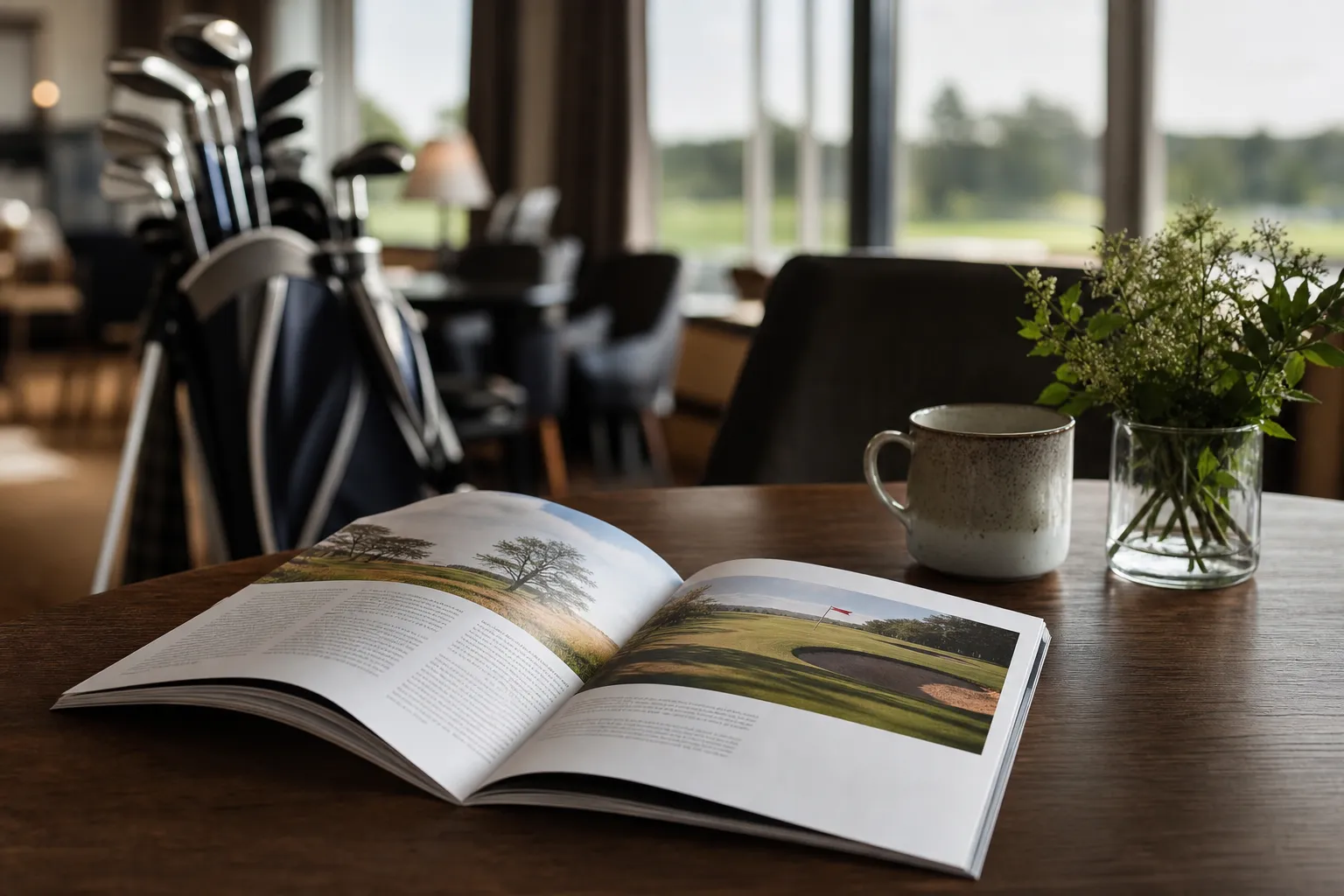 Uppslag ur en golftidning med golfbana och spelare