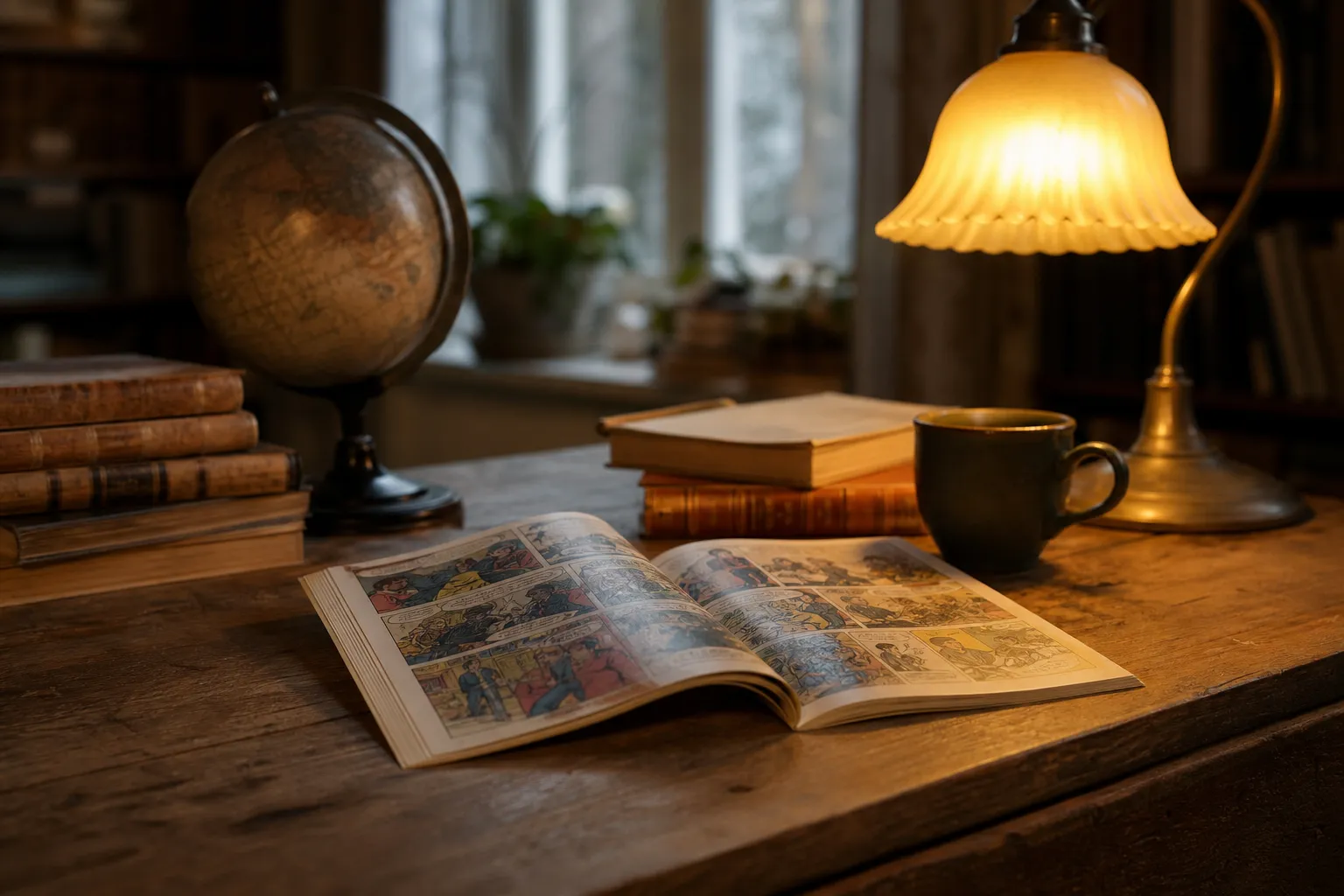 Uppslag ur en historietidning med bilder från en historisk epok