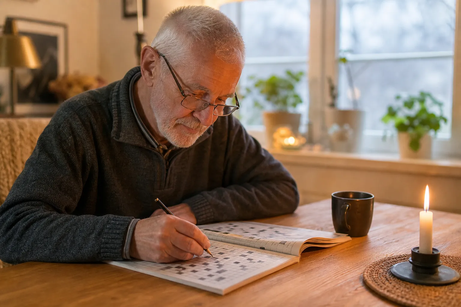 Uppslag ur en korsordstidning med ifyllda och tomma korsordsrutor