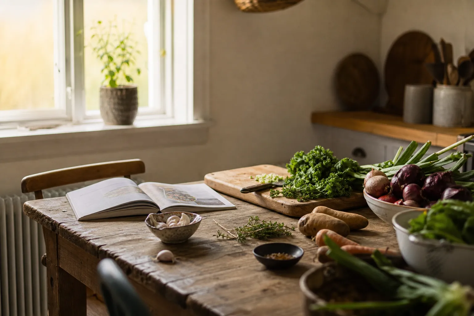 Uppslag ur en mattidning med bilder på tillagad mat och recept