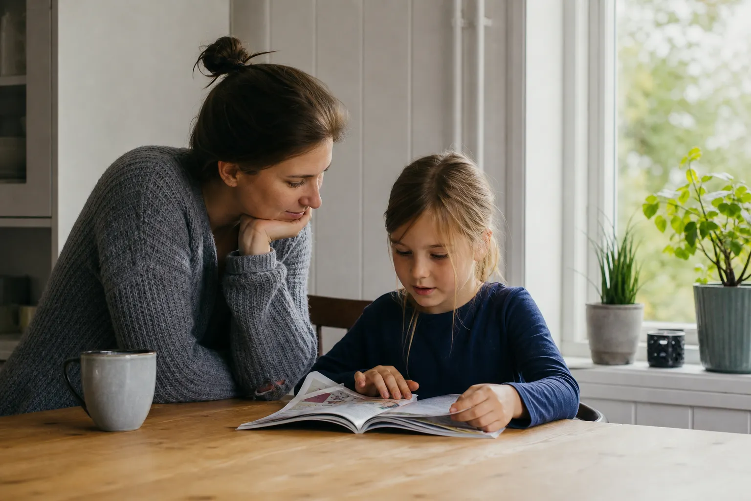 En vuxen och ett barn bläddrar tillsammans i en barntidning