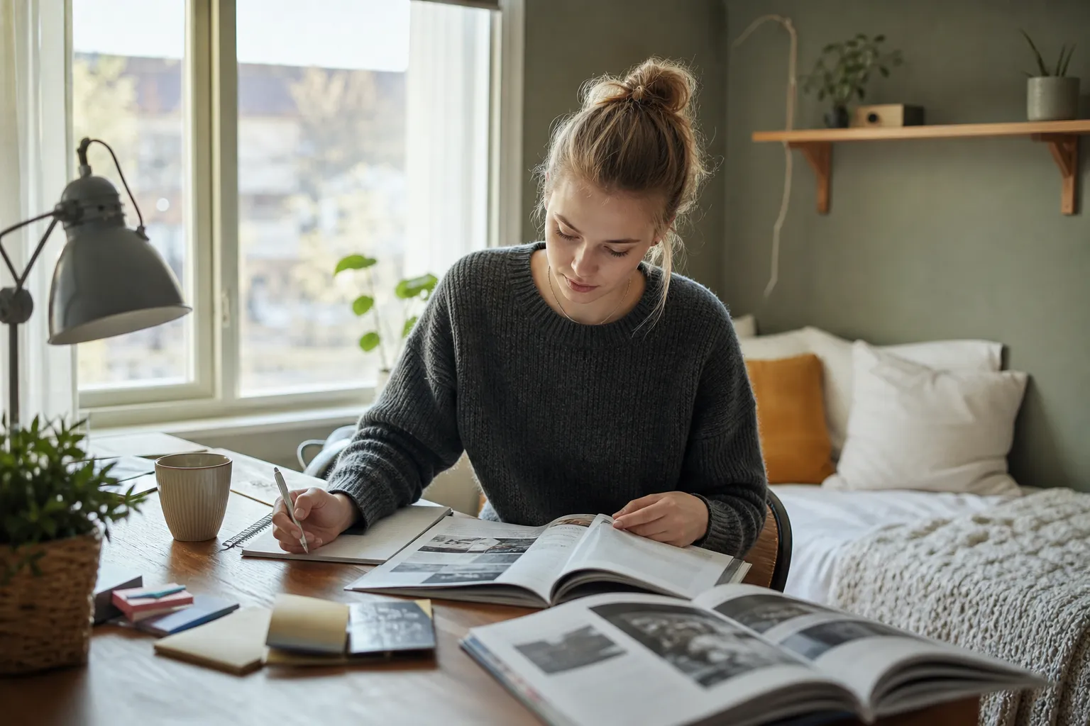 En surfplatta med en digital tidning uppslagen på ett skrivbord bland studiematerial