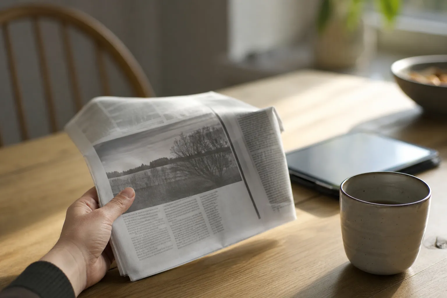 En papperstidning bredvid en surfplatta som visar samma tidning digitalt